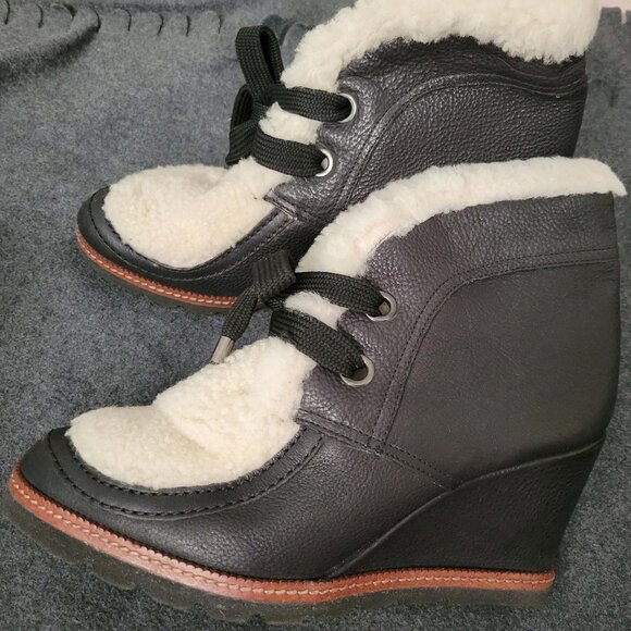 Fabianelli Made in Italy Size 40 Black Leather Lace Up Wedge Ankle Booties - Picture 1 of 4